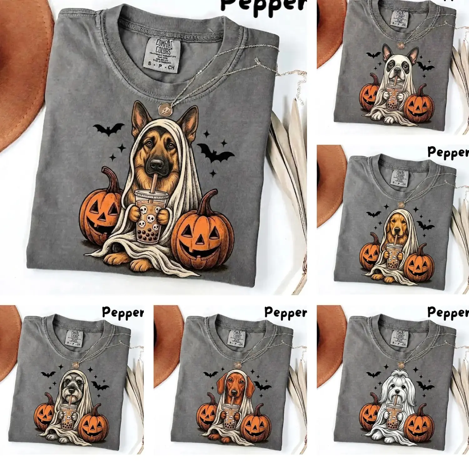 Comfort Colors Dog Shirt: 50+ Breeds Available - Custom Ghost & Boba Tea Halloween Tee
