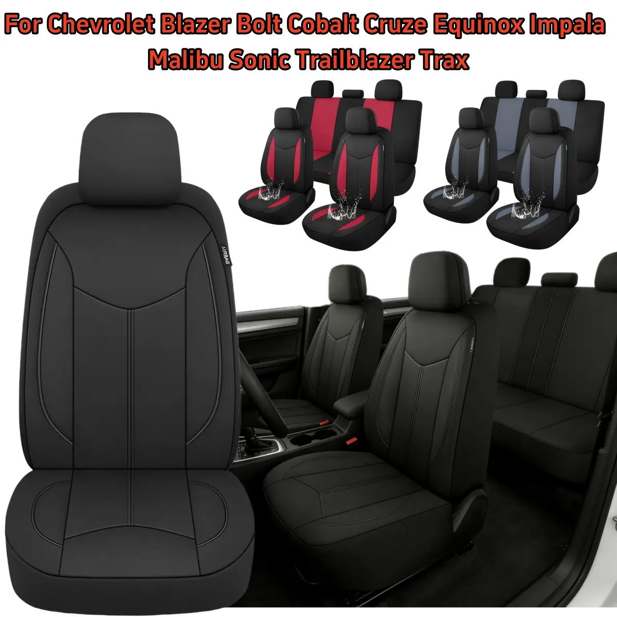 For Chevrolet Blazer 2019-2023/ Bolt 2016-2020/ Cobalt 2005-2010/ Cruze 2011-2019/ Equinox 2011-2021/ Impala 2014-2020/ Malibu 2009-2023/ Sonic 2012-2020/ Trailblazer 2021-2023/ Trax 2015-2022 Waterproof Neoprene Car Seat Cover Full Set, With 3-Zipper