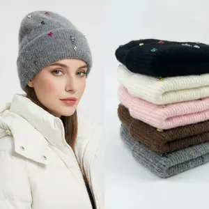 Fashion cross light luxury colorful rhinestone artificial 100% plush knitted hat winter outdoor warm soft wax plush earmuff hat
