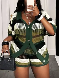 【Plus Size】 Women's  Ice Silk Hollow Out Color Block Button Front Cardigan Set, Summer Beach Vacation Chic Casual Short Sleeve Top + Shorts