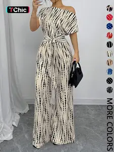 Women's All Over Print Tie Front Wide Leg Jumpsuit, Casual Asymmetrical Neck Jumpsuit for Spring & Fall, Women's Clothes for Daily Wear
