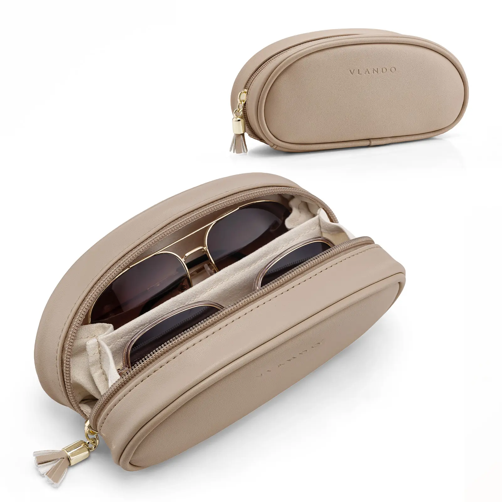 VLANDO Women's Classic Double Sunglasses Organiser Case, Small PU Leather Lightweight Travel Zipper Pouch with Protective Soft Velvet Compartments, 2-Pair Glasses Storage for Everyday Carry, Car Use, Two-Pairs