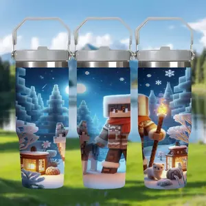 1pc 30oz Stainless Steel Thermos Mug, "Minecraft | Pixel Winter Night Adventure Portable Water Bottle", with handle and straw, car mug, suitable for various occasions, personalized gift for birthdays/holidays.