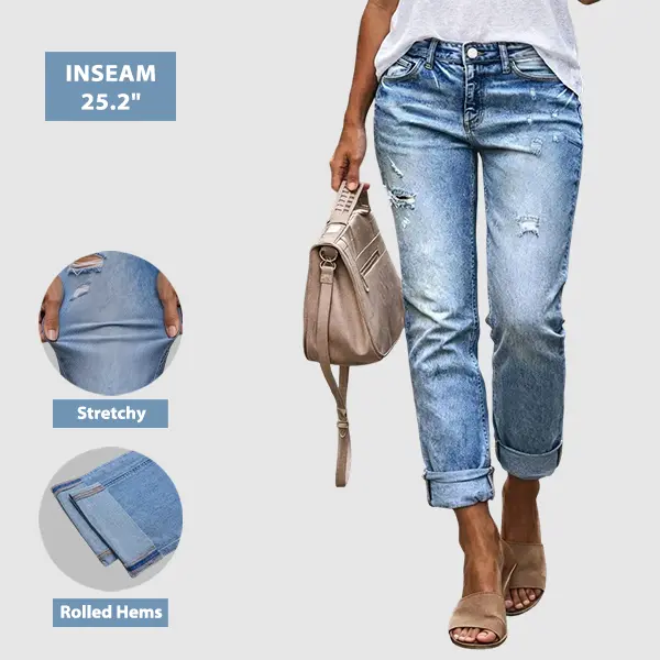 Flamingals Wash Ripped Roll Hem Mid Rise Straight Leg Crop Jeans Stretchy 25.2'' Inseam