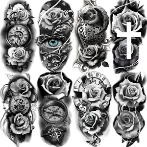 Rechal Rose & Cross Pattern Temporary Tattoo Sticker, 8 Sheets/Set Half Arm Sleeve Tattoo TemporaryTattoo Sticker,Body Art Sticker Fake Tattoo forWomen & Men, Realistic Tattoos for Men, Giftsfor Girlfriend, Christmas Gift Floral Flower Durable