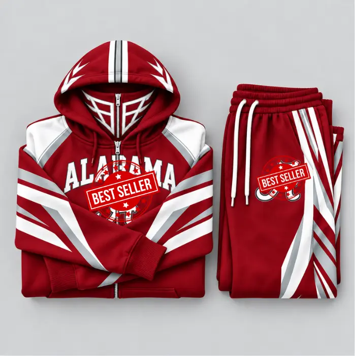 A.la.ba.ma Built-in Balaclava Zip Up Hoodie & Sweatpants Set, College Football Inspired Full Zip Fleece Jacket, Warm Winter Face Mask Tracksuit, Oversized Sports Fan Streetwear Outfit
