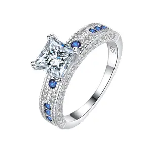 925 Sterling Silver Princess Cut Simulation Diamond & synthesis Sapphire Ring, Luxury Women's Fashion Inlay Jewelry