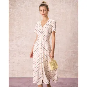 The Beige V Neck Polka Dot Button Midi Dress