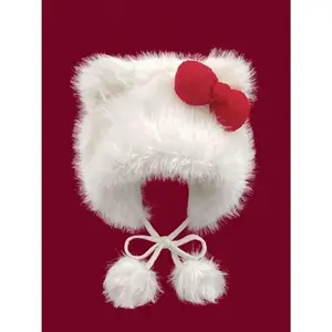 Women's 2026 New Arrivals Surge Beanie Hat - Cute Cat Ear Plush Sports & Outdoor Hat, Pom Pom Decor, Bowknot Design, Warm Fall Winter Fashion Accessory, Newarrivalssurge