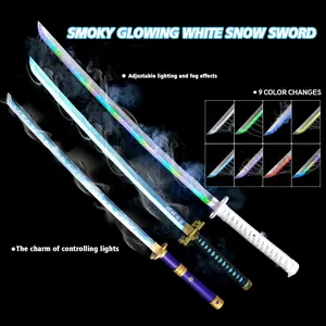Anime "Demon Slayer" "Bleach" "One Piece Zoro" Cosplay Prop: Rukia's Sode no Shirayuki.Zoro's Demon Lord. Includes scabbard, USB rechargeable LED lights, wooden blade with smoke vents, providing both light and smoke special effects. Retractable