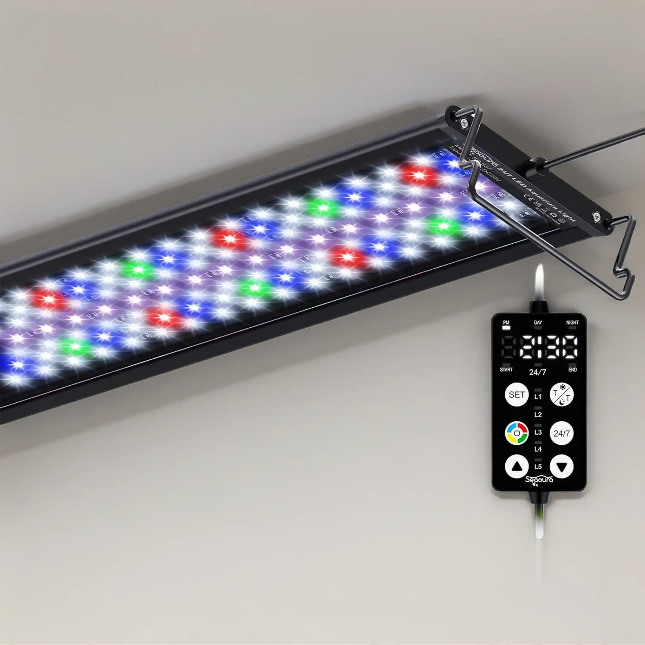 Seaoura SR-657 Full Spectrum LED Aquarium Lamp, Aluminum-PC Body, IP68 Waterproof, 14W-48W (Incl. 20W), 24/7 Auto Timer, Memory Function, 9 Customizable Dimmable Modes, High PAR Output, CRI92, Retractable Bracket for 30cm-120cm Planted Tanks