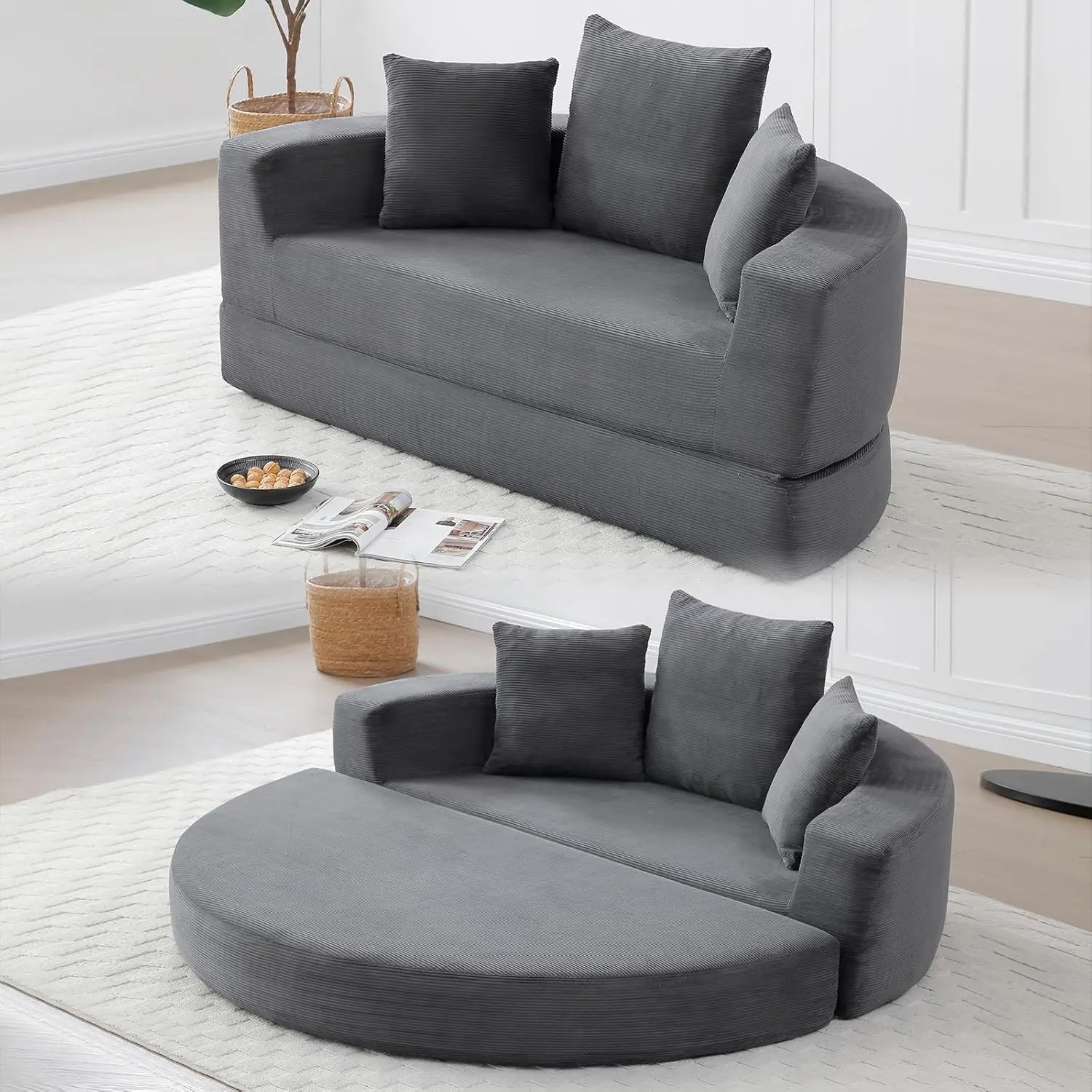 67'' Convertible Sleeper Sofa Bed Compressed Corduroy Floor Lounge Boneless Couch Circular Loveseat Sleeper Sofa Couch with 3 Cushions, No Assembly for Apartment, Bedroom, Living Room
