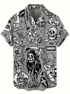 Vintage Pirate Pattern 3D Print Men's Collared Shirt, Casual Hip-Hop Rock Streetwear, Short Sleeve Slim Fit Blouse, Summer Hawaiian T-Shirt