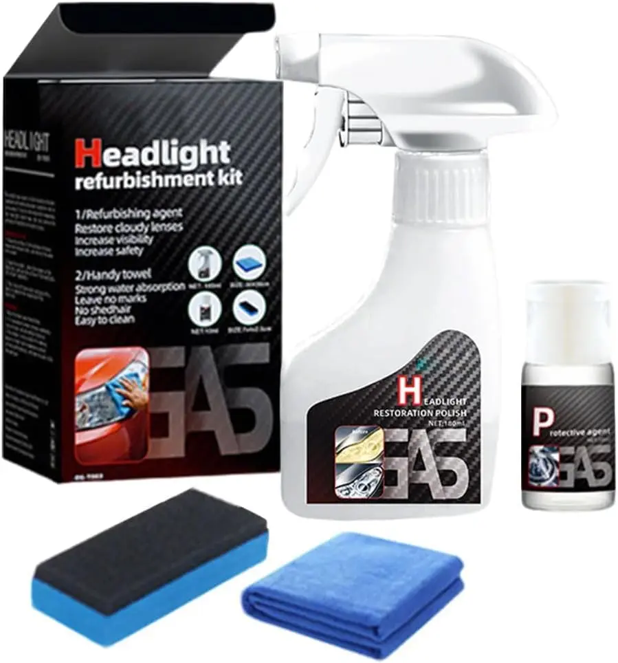 Headlight restoration kit with ceramic-coated headlight lens cleaner, can remove yellowing, haze, and oxidation, restore headlight clarity, for cars, trucks, RVs, motorcycles, long-lasting protection