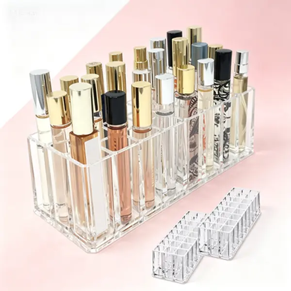 24 Space Acrylic Perfume Organizer Tall Refillable Container Rollerball Beauty Scent Holder Storage Display Case Acrylic Rollerball Perfume Organizer Refillable Container for Scented Oil Tall Display Stand with Clear Visibility Reusable Storage Solution