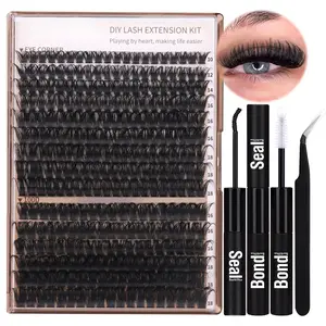 Volume Lash Clusters Kit DIY Lash Extension Kit D Curl Eyelash Extensions with Waterproof Lash Bond and Seal Waterproof Tweezers,10-14mm Eye Corner Eyelashes and 16-18MM Cluster Lashes 300Pcs