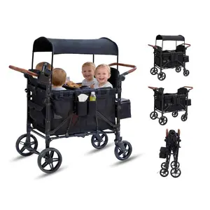 4 Seater Wagon Stroller, Foldable Kids Utility Wagon with Adjustable Canopy & Snack Tray, Heavy Duty Collapsible Push Wagon with Handle for Family Outings