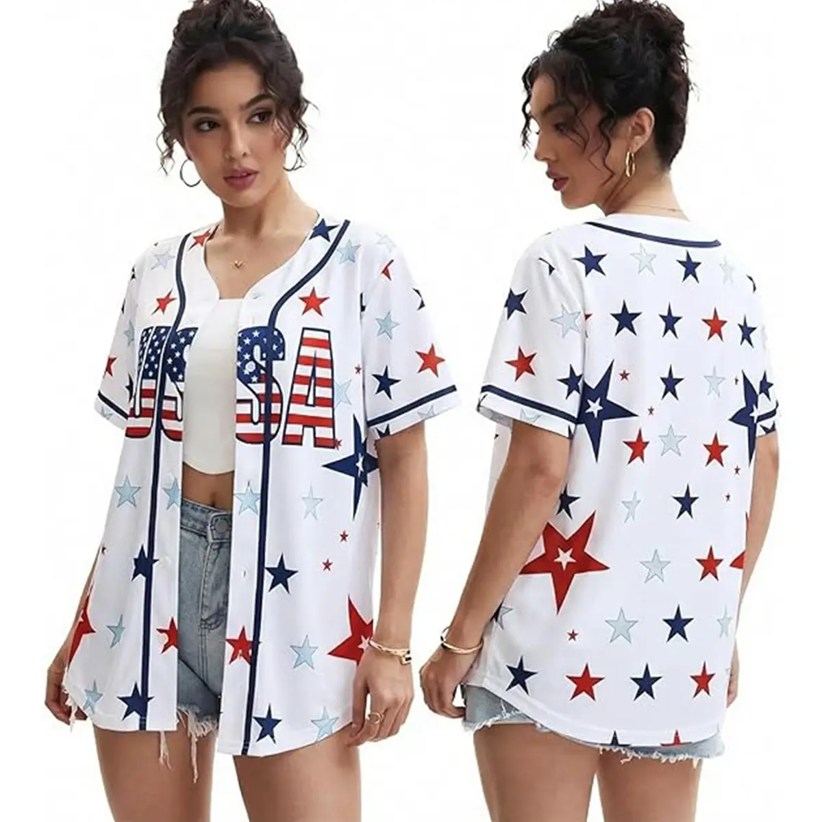 Women's 250th Anniversary Baseball Jersey, Quick Dry V-Neck Button Down with 3D American Flag & Star Print, Short Sleeve Streetwear Athletic Top, Streetwear Sport Top, Star Jerseys, Sportswear Top