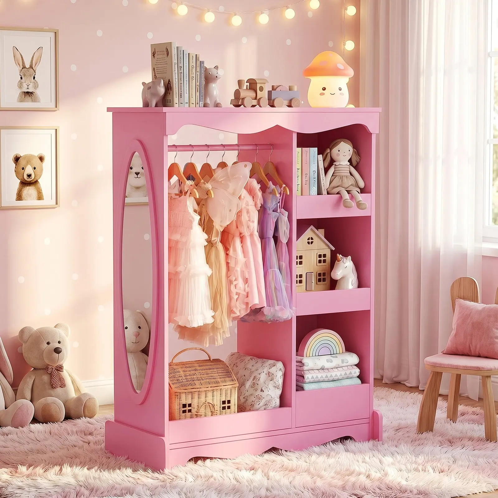 VOWNER Kids Dress Up Storage Wardrobe with Full-Length Mirror, Childrens' Closet Organizer with Hanging Rod, Shoe Rack for Bedroom Playroom tiktokshopbacktoschool