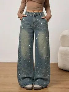 Blue Washed Vintage Distressed Casual Fitted Glitter Rhinestone Decorated Button Jeans Pants, Women's Fashion Denim Trousers, Comfortable & Stylish