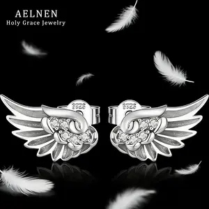 AELNEN S925 Sterling Silver Angel Wing Stud Earrings - Cubic Zirconia Accented Dainty Wing Earrings for Women