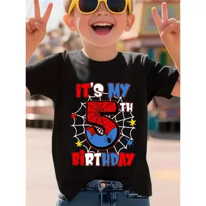 Boys' 100% Spider-Themed Birthday Party T-Shirt - Soft, Breathable Short-sleeve Round-neck Casual Top Featuring a Spider Design and "It's My Birthday" Text. Perfect for Home, Outdoor, and Sports Activities. Outdoor Play Shirt with Spider Print