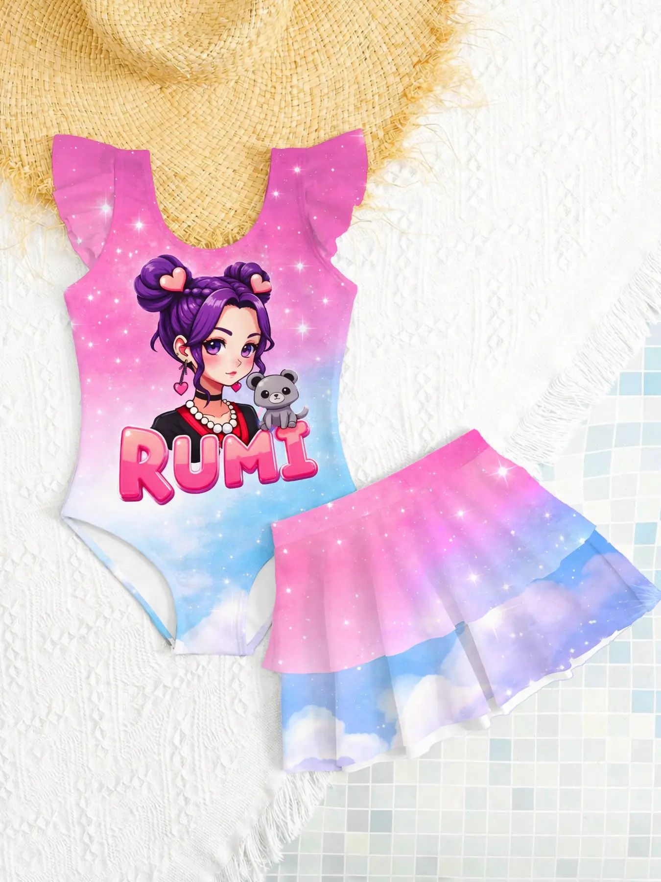 Girls' Two-Piece Swimsuit, Cartoon Print Bikini, Summer Beach Vacation Swimwear, Cute Ruffle Swim Dress, Swimwear Bathing Suit, Swimwear Outfits, Childrens Swimwear