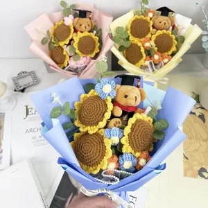 Graduation Bear & Sunflower Bouquet, 1 Count Handcrafted Knitted Plush Artificial Mixed Flower Bouquet, Perfect Gift for Friends & Classmates, Ideal Birthday & Graduation Present, Decor, Handmade Bouquet