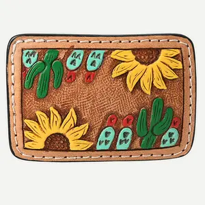 AMERICAN DARLING Floral Hand Carved Painted Belt Buckle Genuine Leather Covered Stylish
