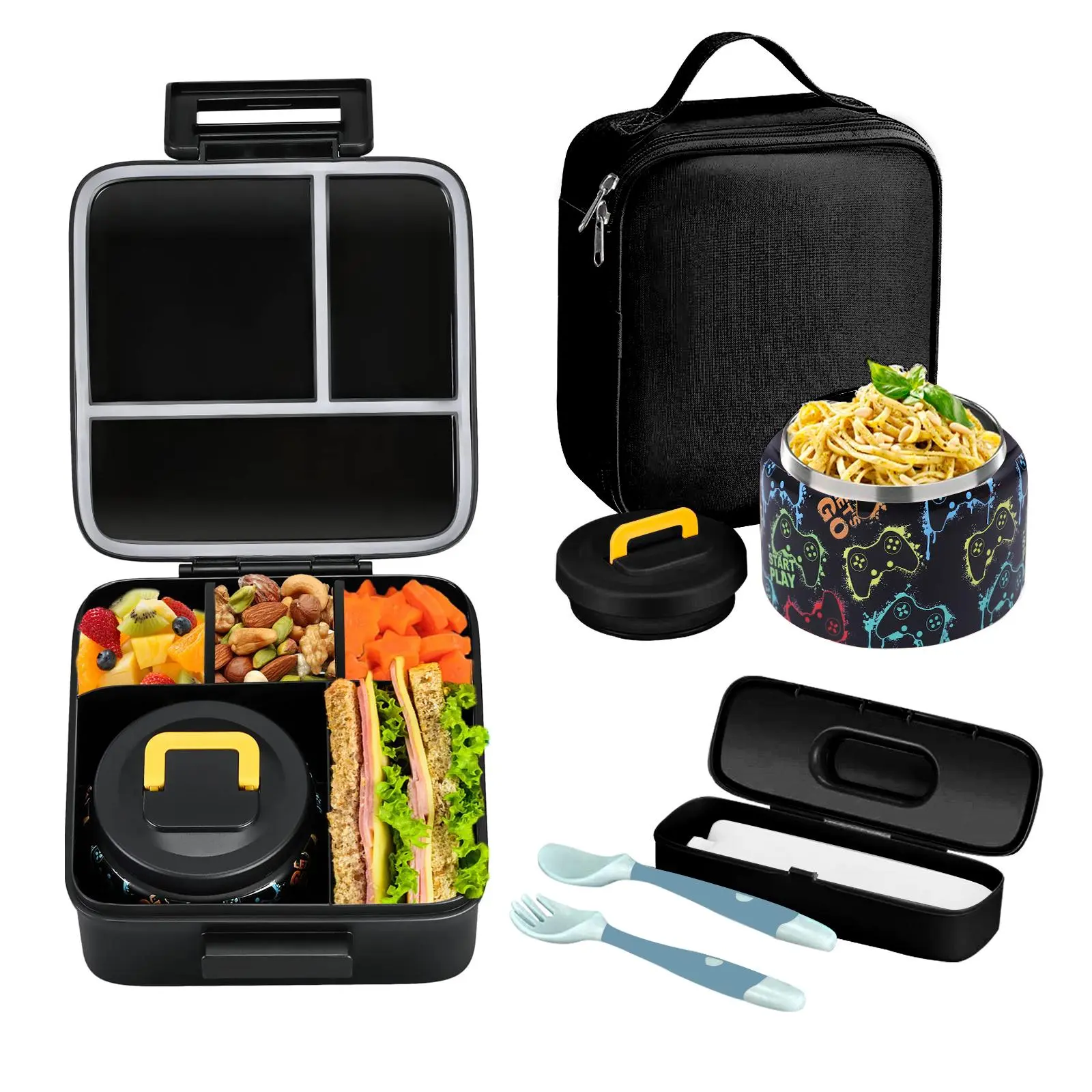 Lunch Box Set, Leakproof Insulated Lunchbox, Meal Prep Containers Reusable, 8oz Insulated Portable Bento Food Soup Jar & Lunch Box & Lunch Bag & Bendable Fork & Spoon, Leakproof Storage Container Set for School Office Picnic