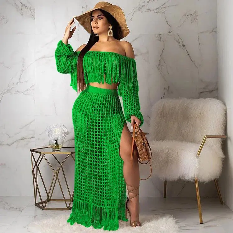 Women's 2-Piece Ledyard Beach Polyester Set, Long Sleeve Loose Pullover, Off-Shoulder, Tassel Accents, Sexy Hollow-Out Design