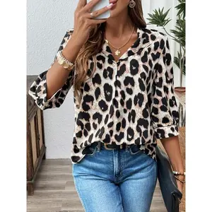 Women’s leopard print lapel blouse, casual blouses, casual 3/4 sleeve top for business office work, ladies’ clothing for all seasons GARMENTARY