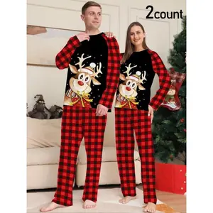 Couple's Christmas Themed Plaid Elk Print Raglan Sleeve Pajama Two-piece Set, Casual Comfy Long Sleeve Top & Pants Pj Set, Men's Sleepwear for Spring & Fall（gift）