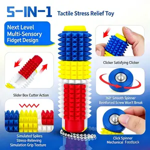 Spiky Sensory Fidget Toy for ADHD,SH, Pain Stimulator with Clicker, Spinner, Slider, Roller, Spiky Grip, 5-In-1 Stress Relief, Portable Keychain,For Teens (9+)and Adults ,US CPC Approved
