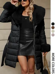 Women's Fall Winter PU Leather Jacket, Fitted Warm Outerwear Coat with Pockets Zipper Belted Design Casual Elegant Style