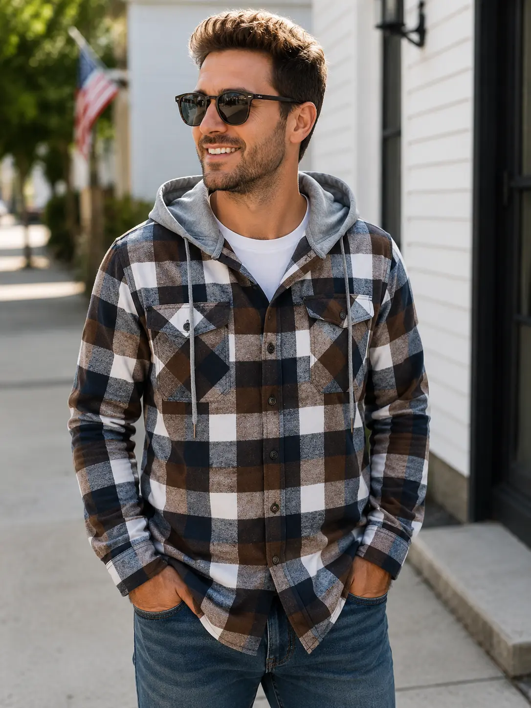 ZITY Men's Plaid Hooded Button Shirt - Lightweight Breathable Flannel Long Sleeve, Soft Casual Layering Top with Pockets for Everyday Wear - Ideal Gift for Men, Husband, Father, Business M Occasions
