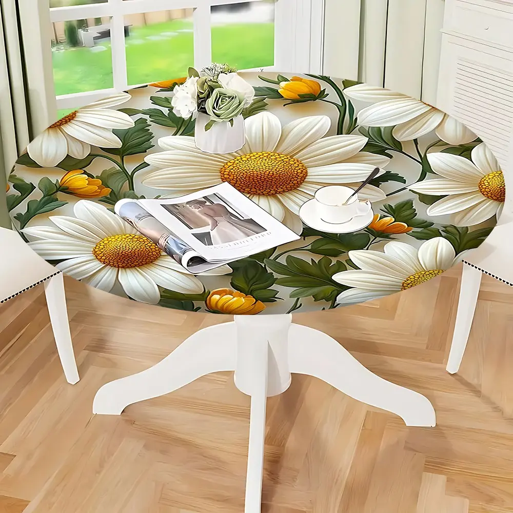 1PC Round Tablecloth, Spring Daisy Floral Bloom Pattern Printed Elastic Round Tablecloth, Home Dining Polyester Machine Washable Half Table Cover, Elastic Table Cover, Elastic Table Covering, Reusable, Suitable for Round Tabletop Cover, Fitted Table Cover