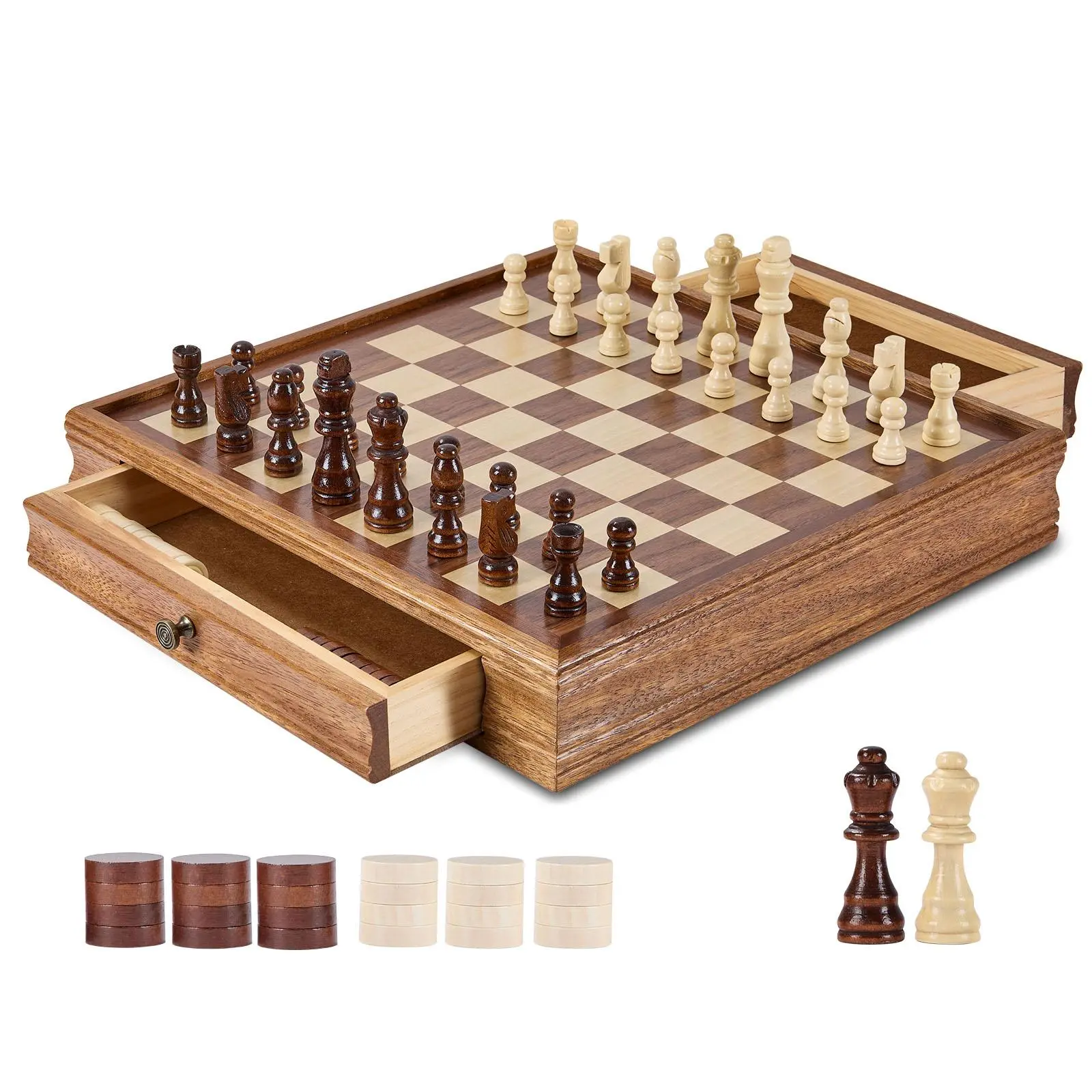 【SummerFinds】VEVOR Solid Wood Chess Set,  15 inch  2-IN-1 Chess Checkers Game Set, Chess Board Games with Storage Drawer & Weighted Chess Checkers Pieces & 2 Queens, for Adults Tournament Professional Beginner