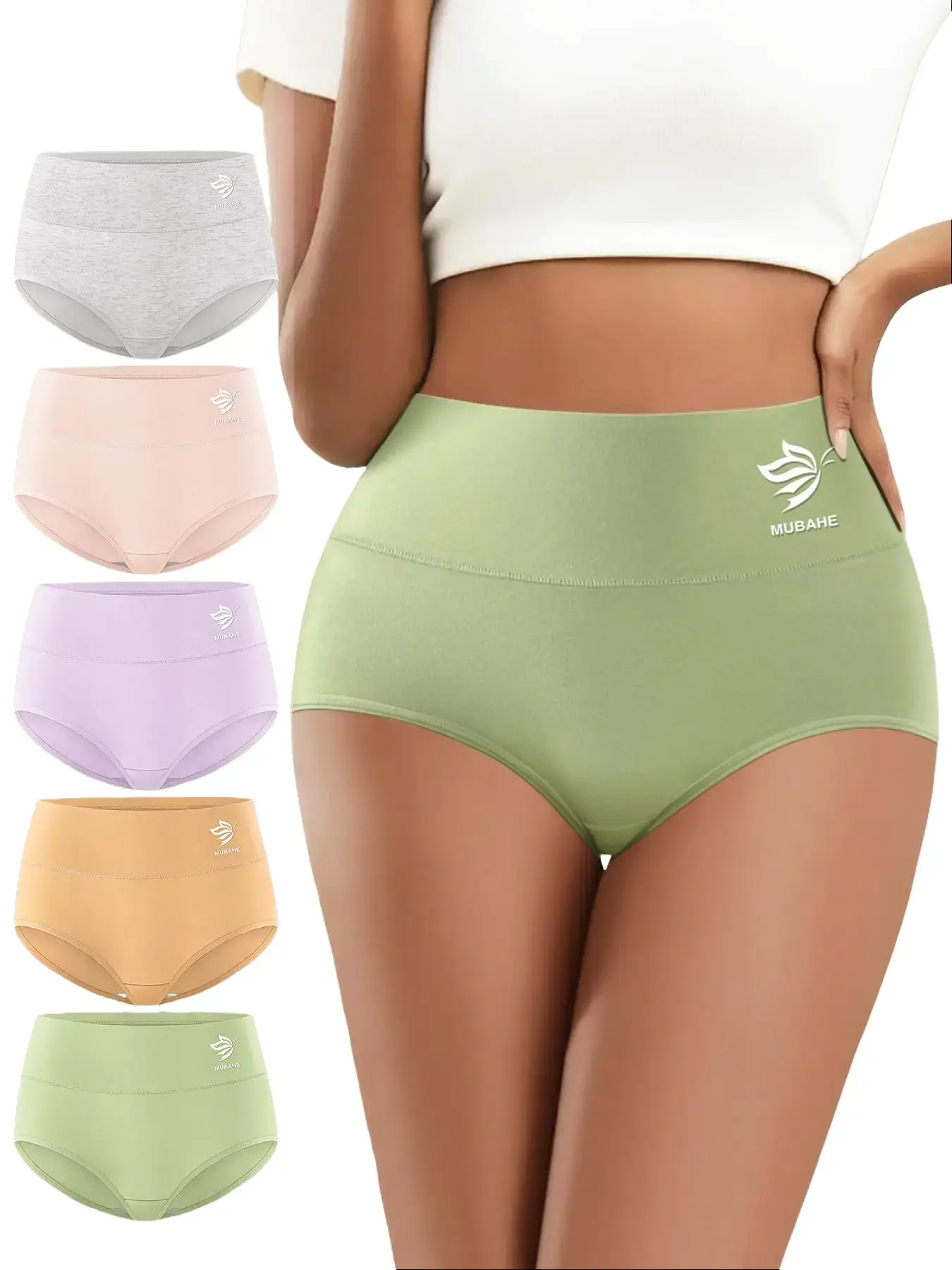 Pack of 5 women’s high-waisted pure cotton panties — seamless triangle briefs that provide tummy control, butt lift, and breathability. Sporty and casual, versatile for everyday wear; comfortable, soft, and breathable—ideal for daily life, underwear styli