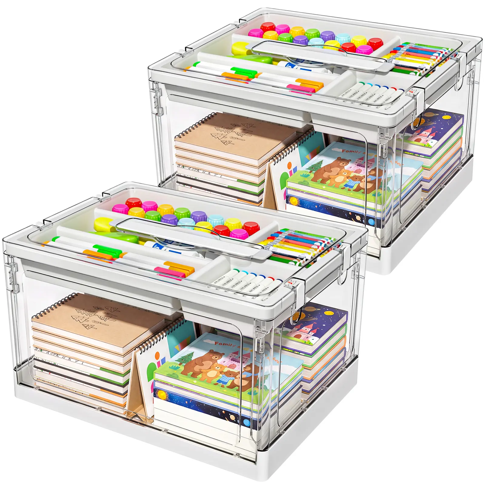 7CODE 2-Pack 25QT Rectangular Plastic Craft Storage Boxes Set, 2-Tier Bins with Removable Trays & Adjustable Dividers Lids, Dust-Proof Organiser for Art Supplies, Homeschool Tools, Set Pack