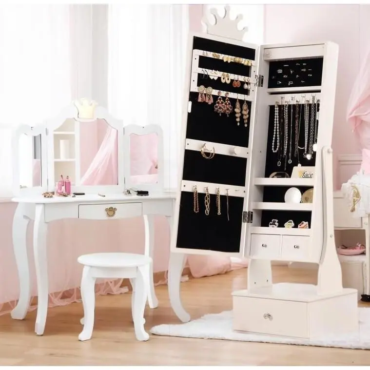 Garvee Princess Crown 46" Jewelry Armoire with Full-Length Lighted Mirror, Standing Jewelry Organizer Featuring Necklace Hooks, Earring Slots, 3 Drawers, and Anti-Tip Safety Design in White