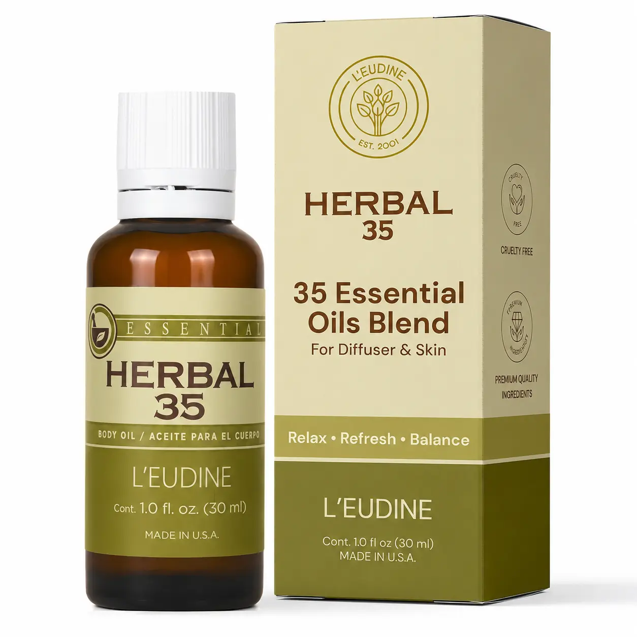 L'EUDINE Herbal 35 Essential Oil Blend – 35 Botanical Essential Oils with Peppermint, Eucalyptus & Lavender – Aromatherapy Oil for Diffuser, Massage & Home Fragrance – 1 Fl Oz