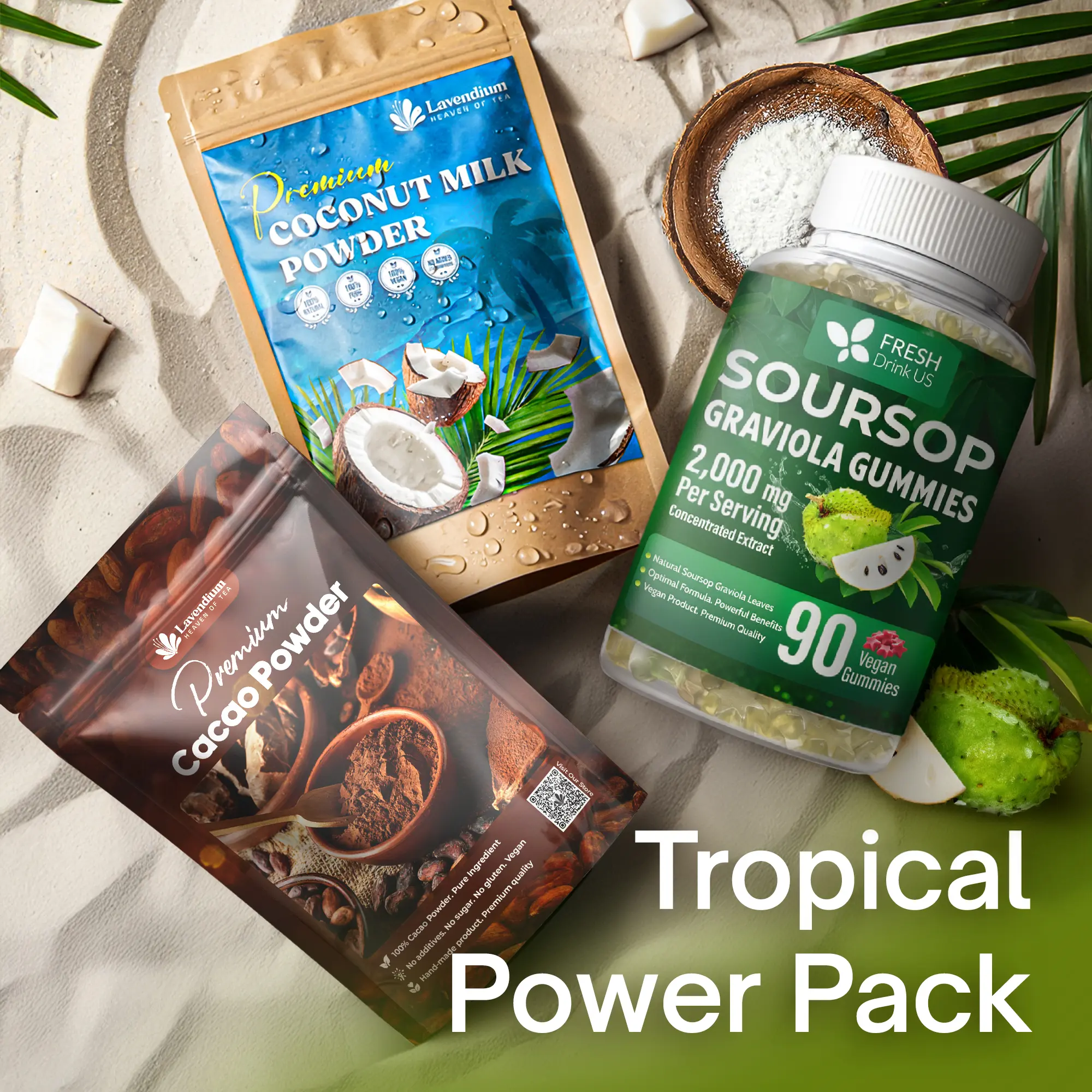 【FreshDrinkUS】 Tropical Power Pack, Soursop Graviola Gummies 2,000mg per Serving, Pure Cacao Powder 25oz, Organic Coconut Powder 20oz, 100% Natural and Pure, Unsweetened, Vegan, Non-GMO, Gluten-Free, Daily Wellness and Energy Support