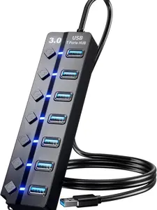 USB 3.0 Hub, 7-Port USB Data Hub Splitter with 3ft Long Cable USB Extension for Laptop,PC Computer,Surface Pro, PS4/5, Flash Drive, Mobile HDD - with LED Individual On/Off