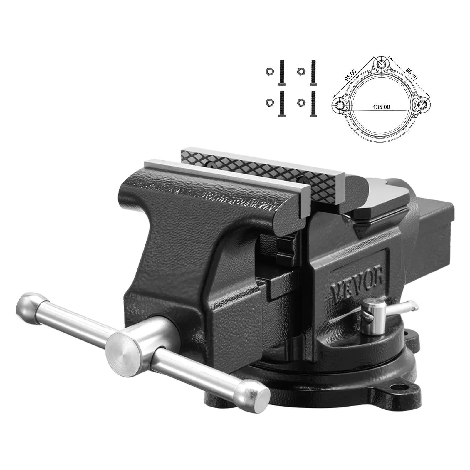VEVOR Heavy Duty Hardware Bench Vise - 4 in Jaw Width, Ductile Iron Build, High-Strength Lead Screw, 2.17 in x 2.36 in Anvil, 360 Degree Swivel Base, 2.24 in Throat Depth, 4.7 in Max Jaw Opening, Easy Installation, Multi-Purpose for Drilling, Pipe Cutting