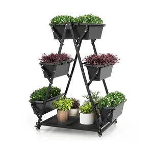 COSTWAY - 3-Tier Vertical Raised Garden Bed with 4 Wheels and 6 Container Boxes-Black