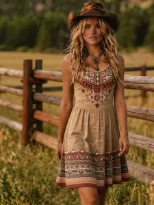 Elegant Bohemian Style Sleeveless Print Dress for Women, Vintage Western Ethnic Fashion, New Summer Collection 2026