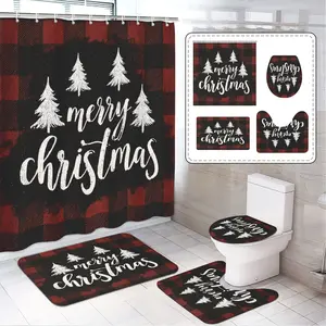 Christmas Tree Print Bath Curtain Set, Includes Hooks, Mat, U-Shaped Rug, Toilet Lid Cover, Home Bathroom Decor, Full Set Accessories