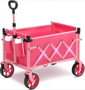 Wagon Cart with Wheels with 220LBS Capacity,Heavy Duty Wagon Carts Foldable with Drink Holders,Lightweight Utility Portable Cart for Grocery, Shopping, Garden, Camping. Pink