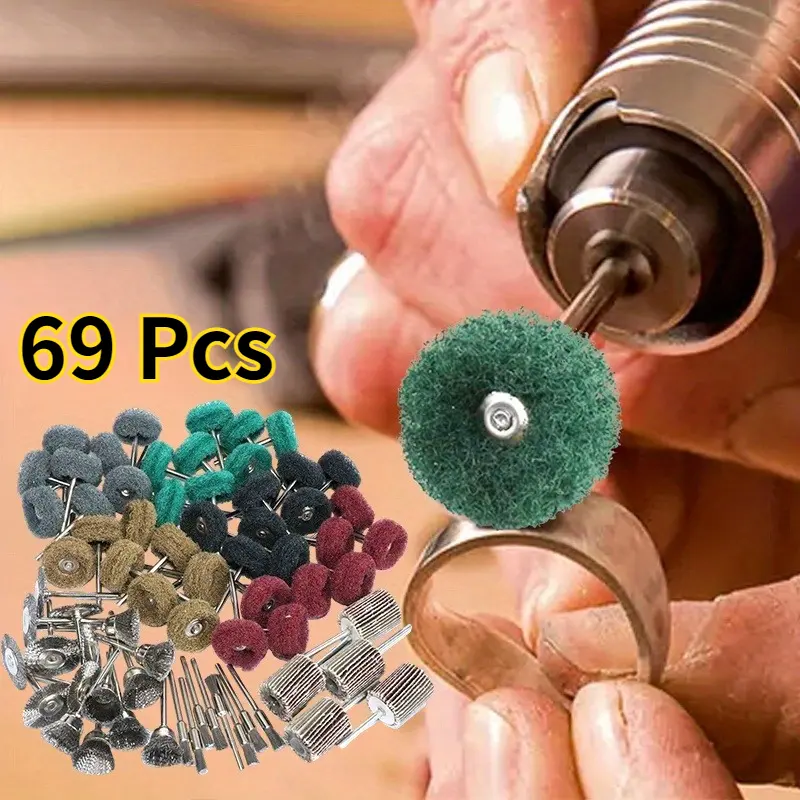 69-Piece Abrasive Buffing Polishing Wheel Set for Rotary Tool & Hand Drill, Includes 24pcs Stainless Steel Wire Brushes, 40pcs Scouring Pad Mini-Brushes & 3mm Mandrel, Removes Rust/Deburrs Cast Iron/Metal Surfaces - Home Improvement Paint Supplies & Tools